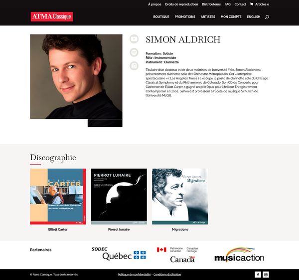 Site web de ATMA Classique - Artiste - Réalisation de Progexia