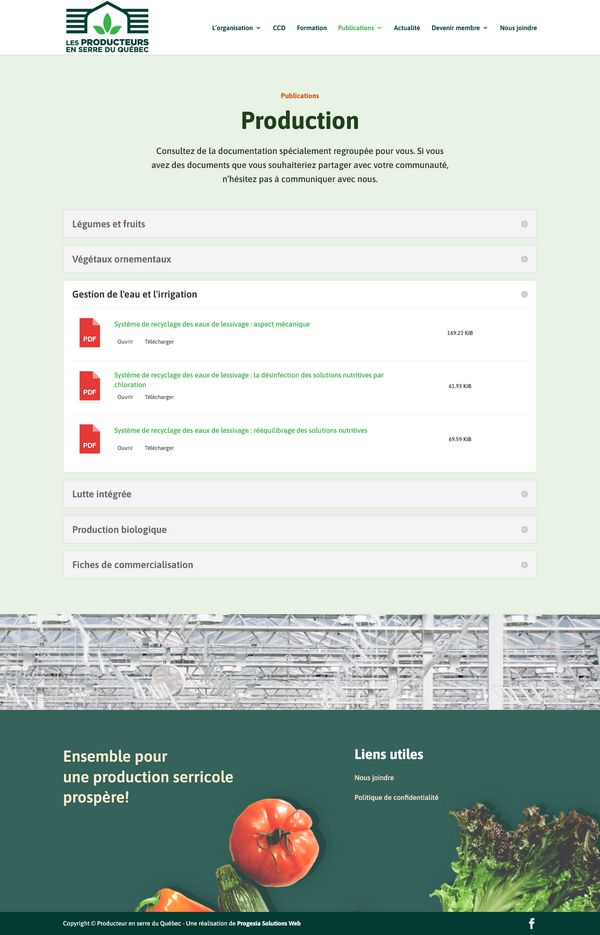Site web des Producteurs en serre du Québec - Documentation - Réalisation de Progexia Solutions Web